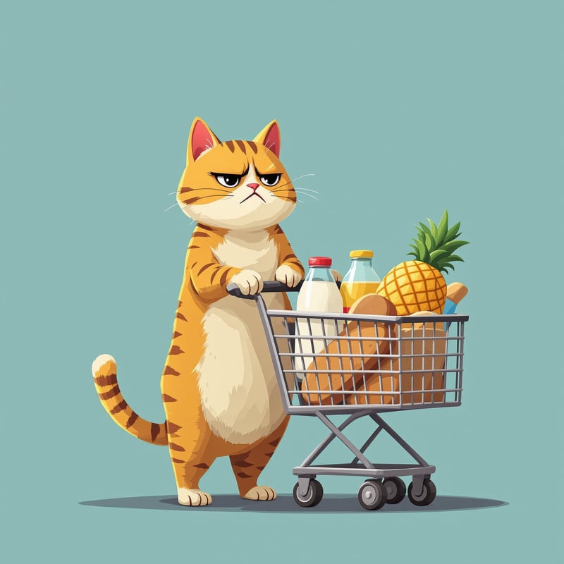 Vintage Cat with Shopping Cart Illustration