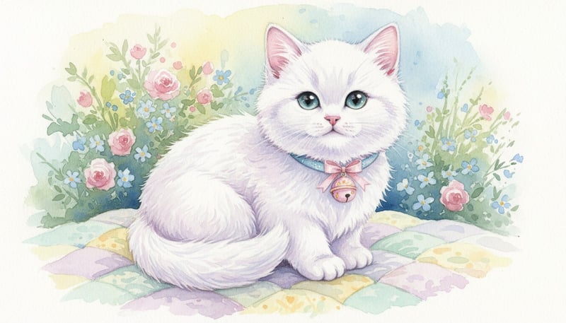 Watercolor Painting of Fluffy White Cat