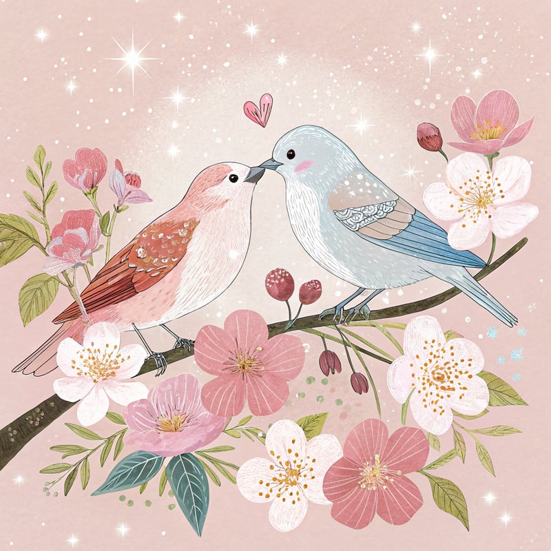 Two Birds Kissing with Flowers