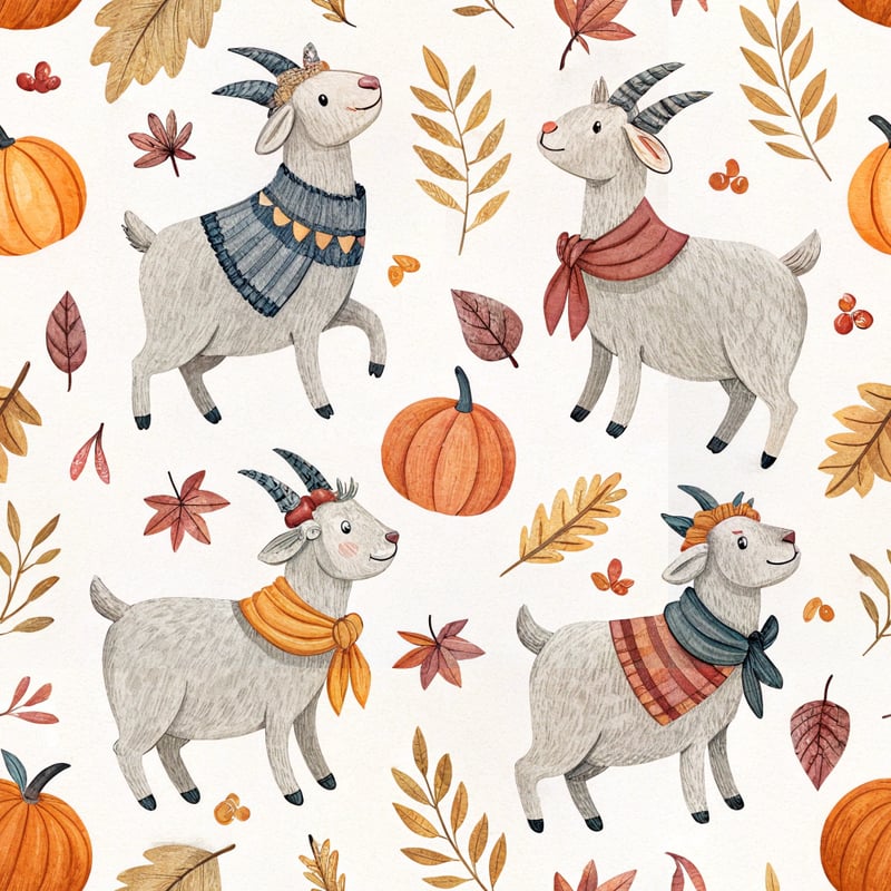 Cartoon Goats with Fall Pumpkins