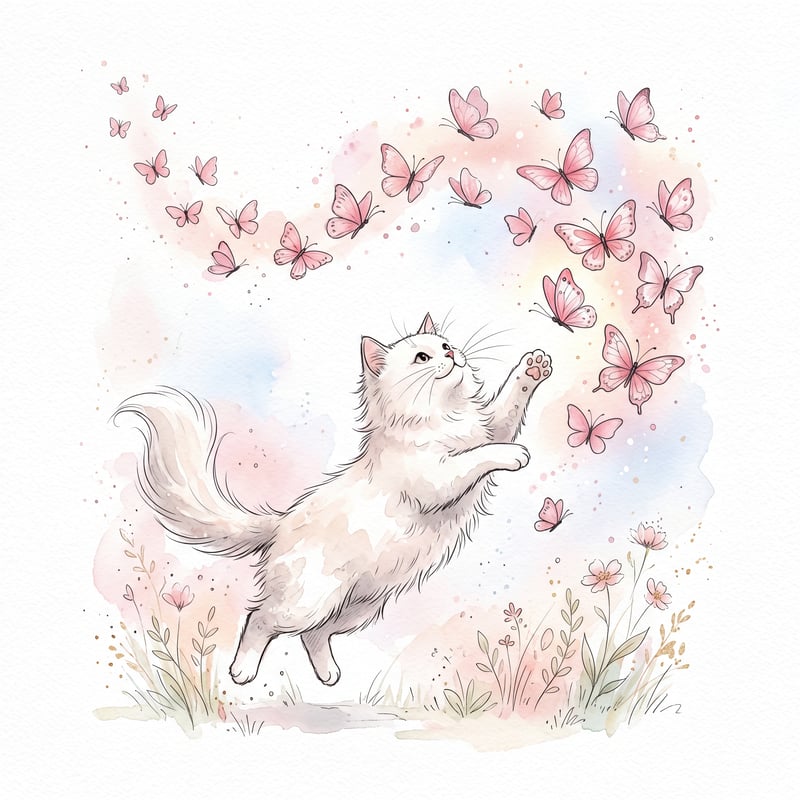 Whimsical White Cat Watercolor