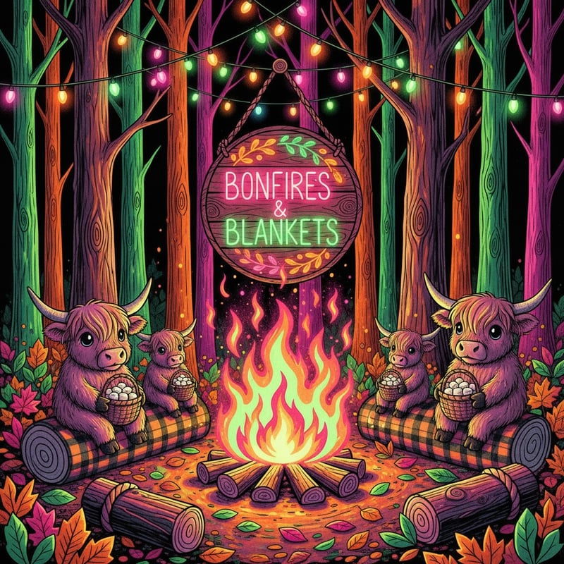 Neon Autumn Forest Campfire Scene