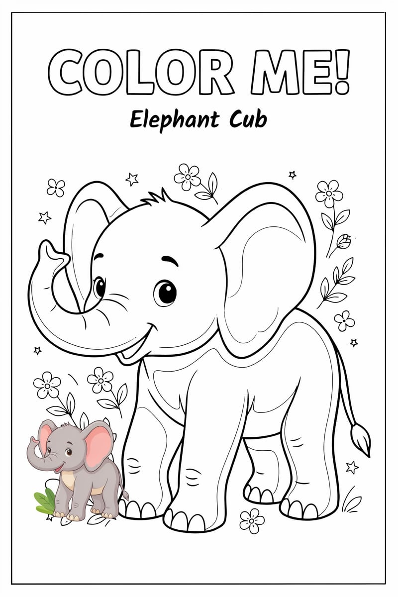 Elephant Cub Outline with Colored Corner