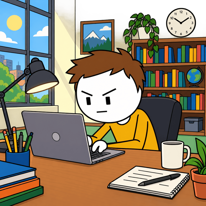 Flat 2D Cartoon: Focused at Desk