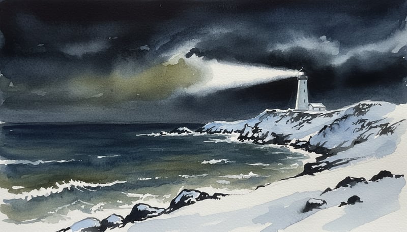 Snowy Coastline Lighthouse at Night