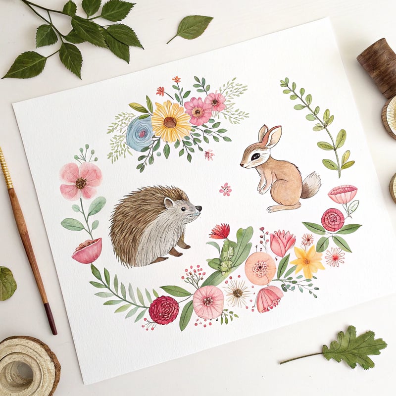 Watercolor Floral Woodland Animals