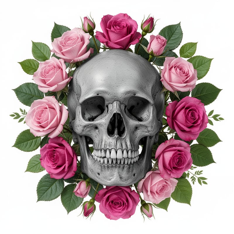 Realistic Skull with Pink Roses Artwork