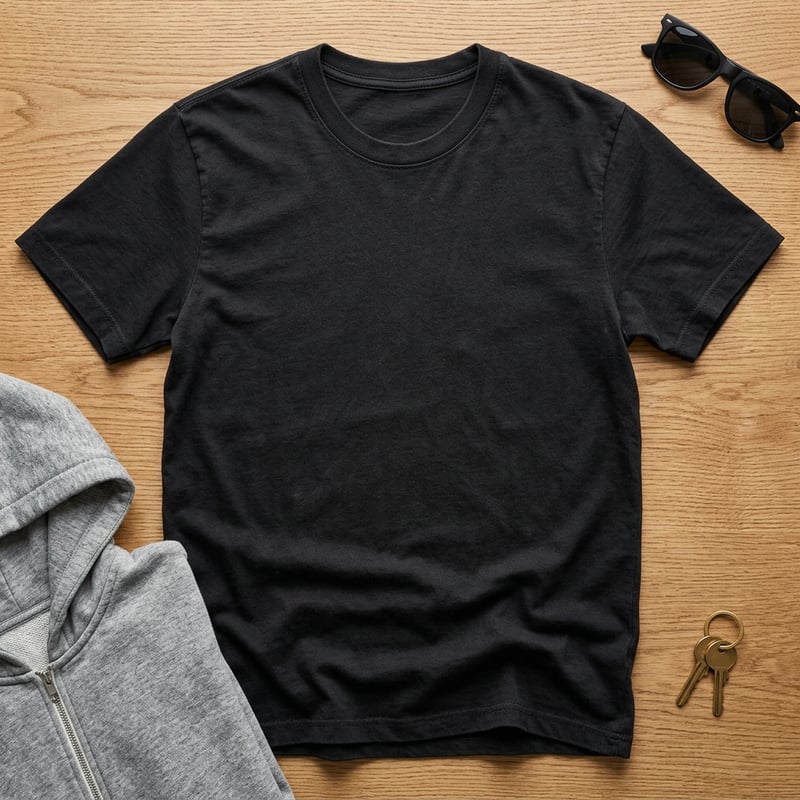 Photorealistic Black Cotton T-Shirt Flat Lay