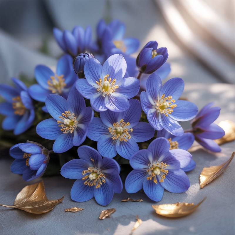 Blue Flowers with Gold Veins 4K Wallpaper