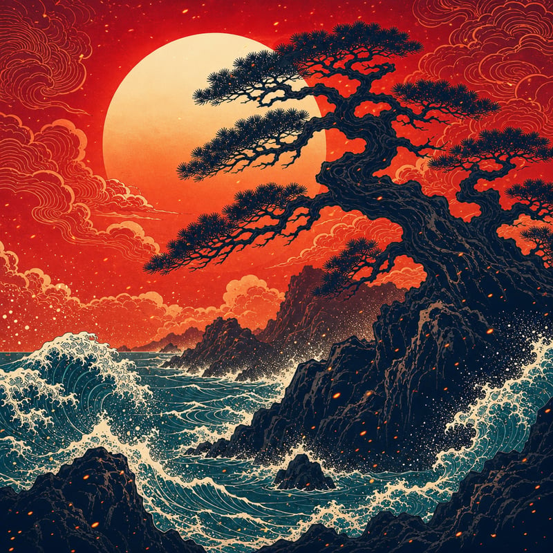 Modern Ukiyo-e Pine Tree Vector