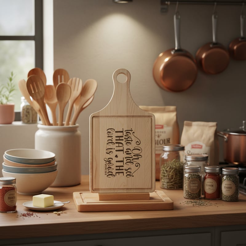 Engraved Wooden Board in Cozy Kitchen