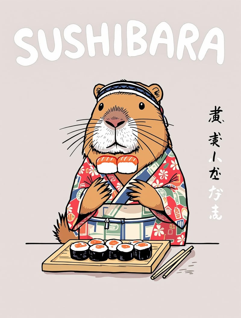 Capybara in Yukata with Sushi Rolls