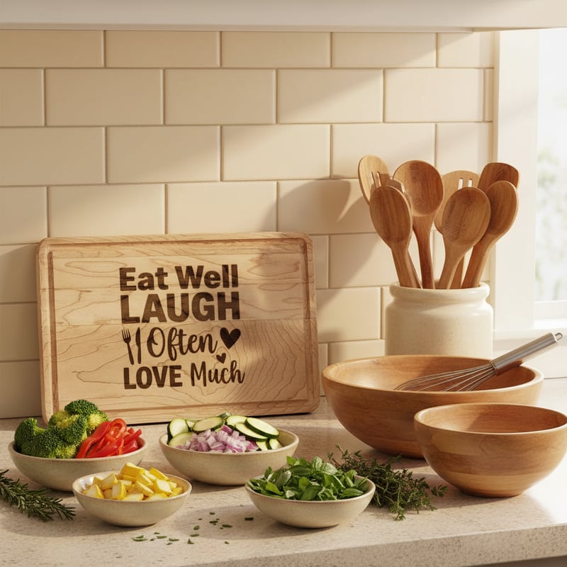 Cozy Kitchen Scene with Engraved Cutting Board