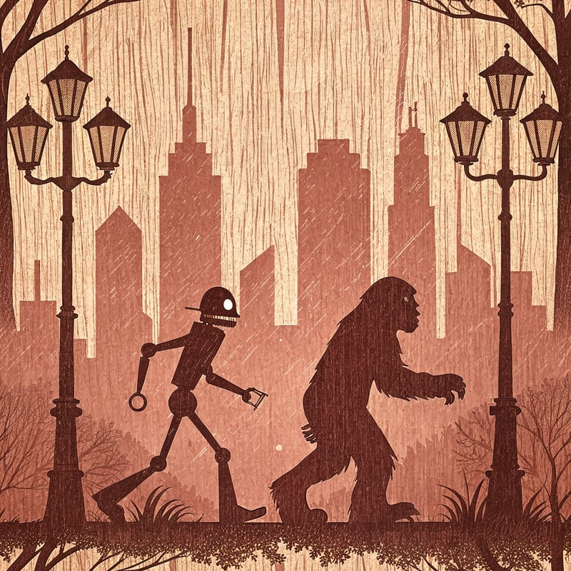 Retro City Skyline with Robot and Bigfoot