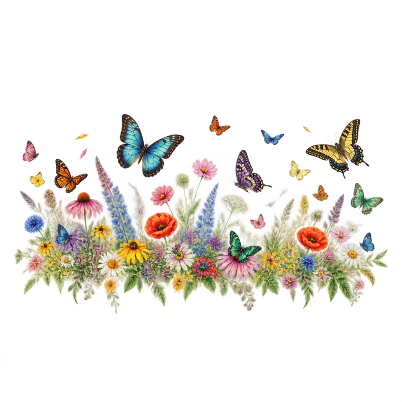 Vintage Multicolored Butterfly & Wildflowers