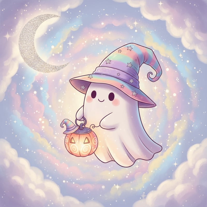 Cute Halloween Ghost with Wizard Hat