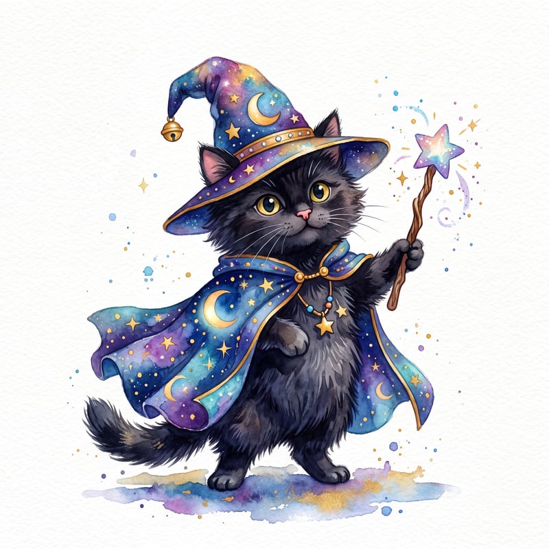 Whimsical Black Kitty Wizard