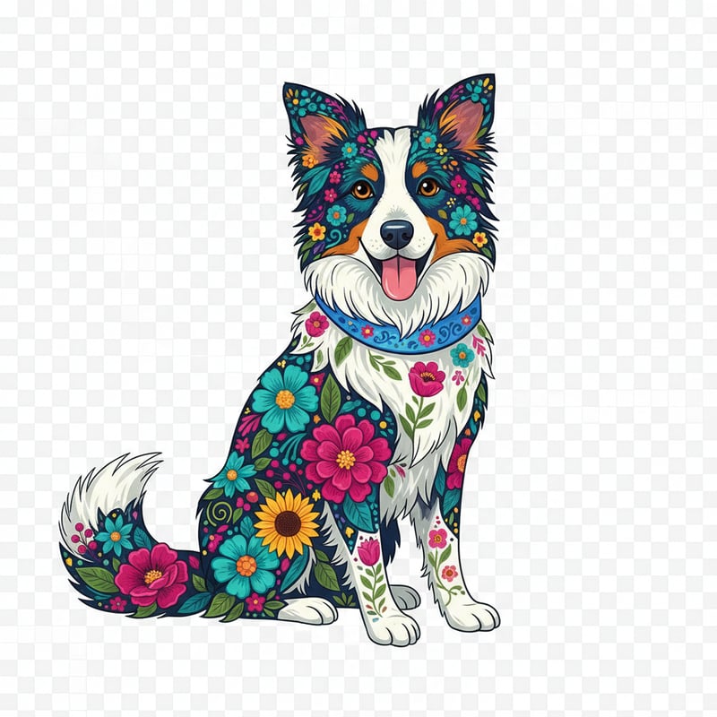 Boho Floral Border Collie Illustration