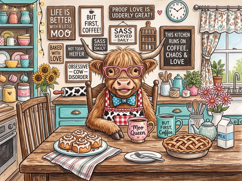 Whimsical Highland Cow Kitchen Scene