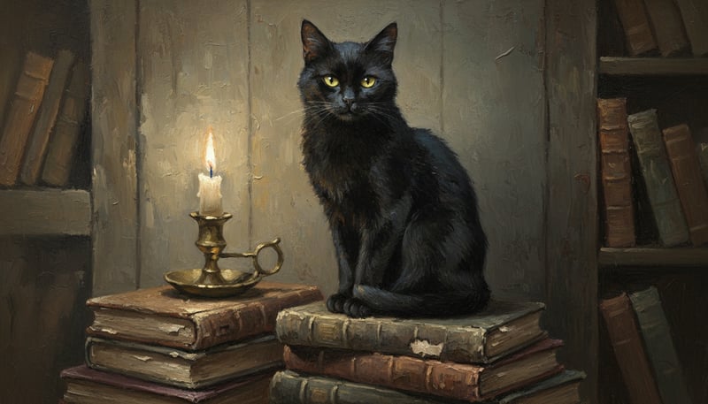 Muted Oil Painting of Black Cat on Books