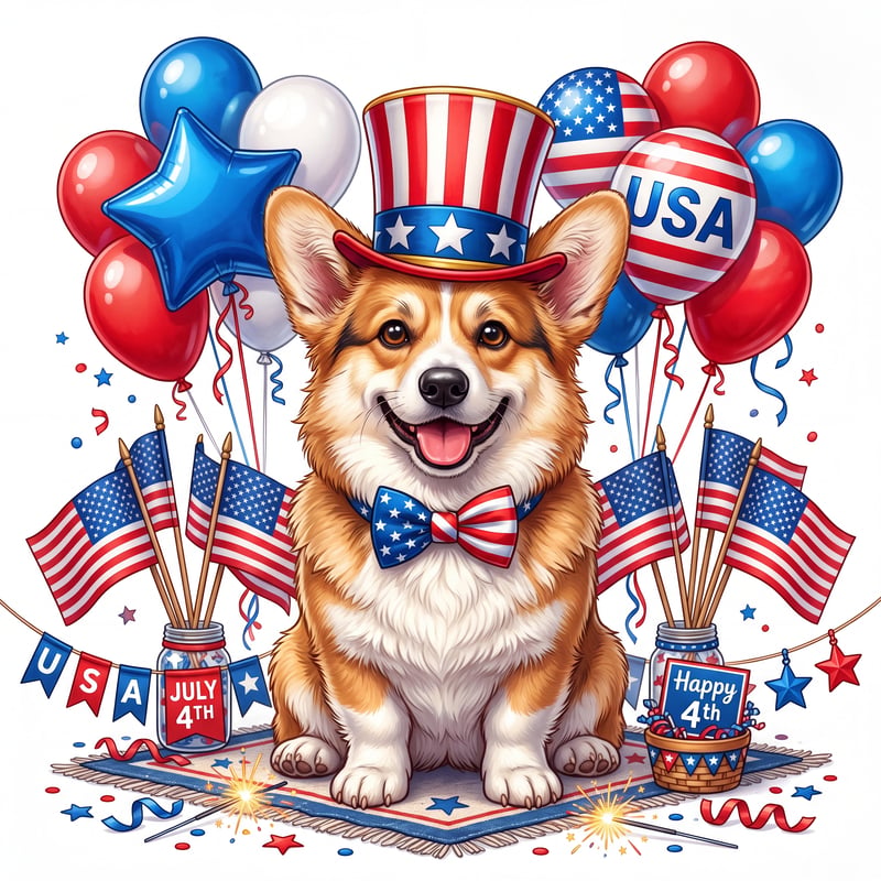 Patriotic Corgi with American Flags