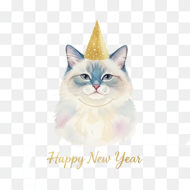 Watercolor Ragdoll Cat New Year Art