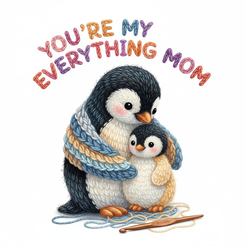 Crochet Yarn Penguin Mom Illustration