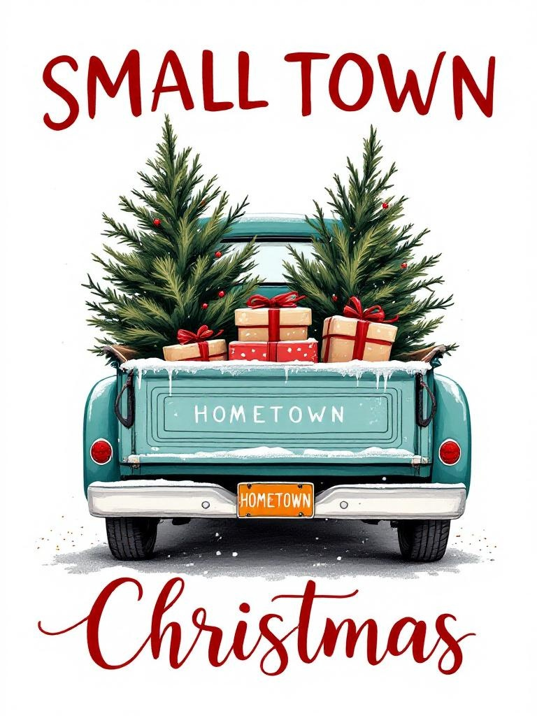 Vintage Teal Truck Christmas Illustration
