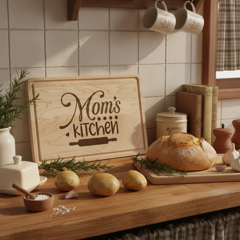 Engraved Wooden Board in Cozy Kitchen