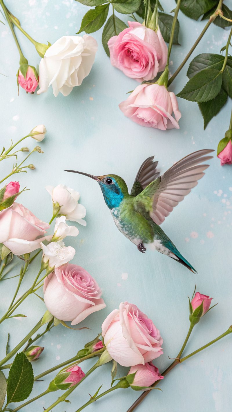 Watercolor Hummingbird with Pink Roses