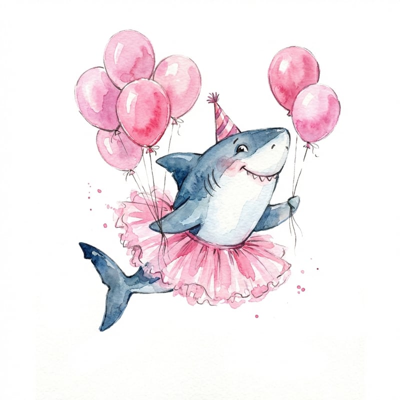 Watercolor Shark in Tutu with Balloons