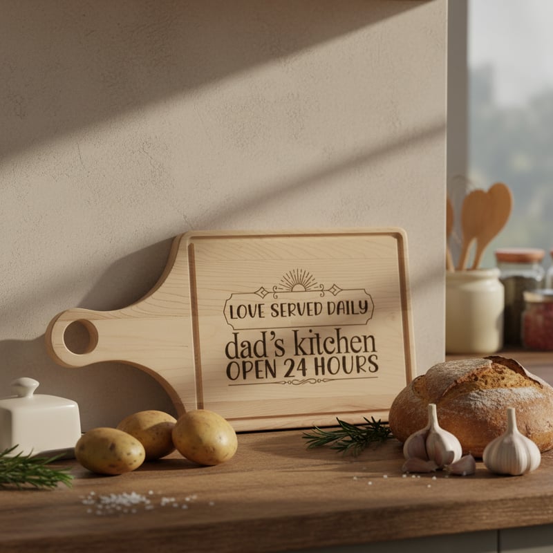 Engraved Wooden Board in Cozy Kitchen