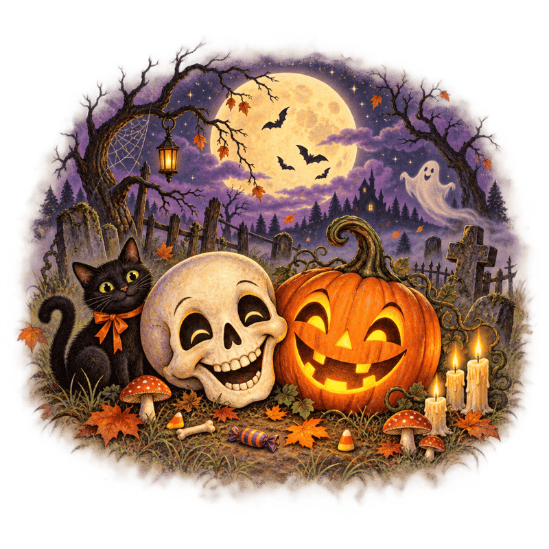 Vintage Halloween Skull & Pumpkin