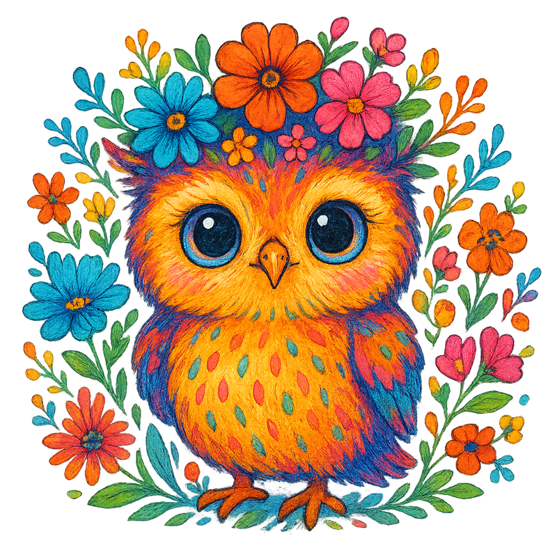 Colorful Floral Baby Owl Illustration