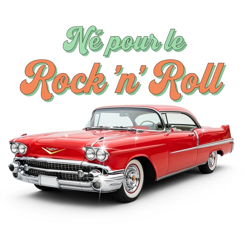Classic Red Retro Car with Rock'n'Roll Text
