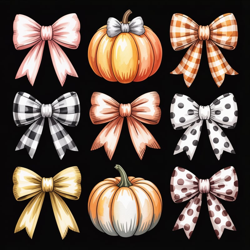 Watercolor Autumn Bows and Pumpkins