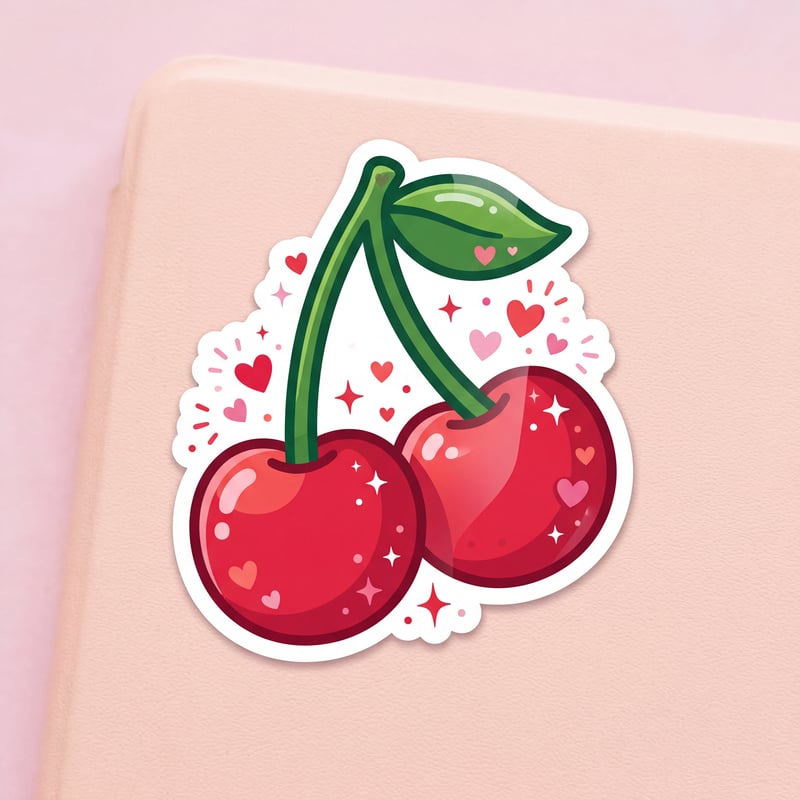 Glossy Cherry Stickers with Hearts