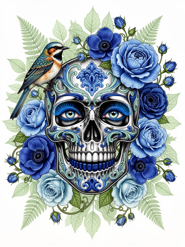 Blue Floral Metallic Skull Illustration
