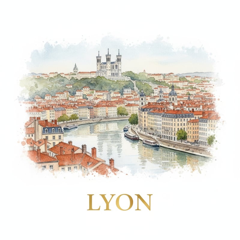 Watercolor Painting of Lyon Cityscape