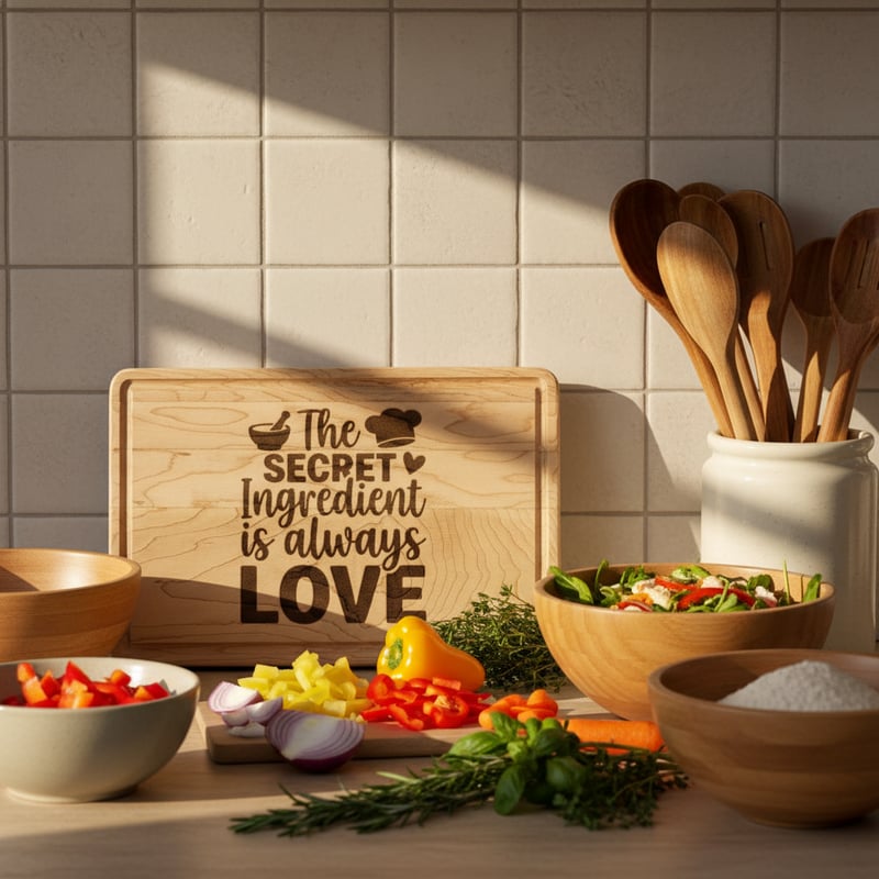 Cozy Kitchen Scene with Engraved Cutting Board