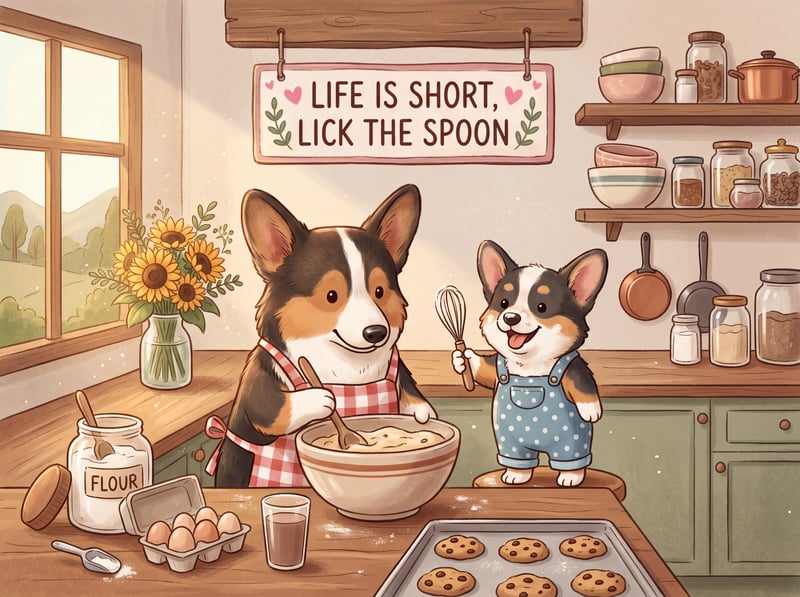Whimsical Corgis Baking in Rustic Kitchen
