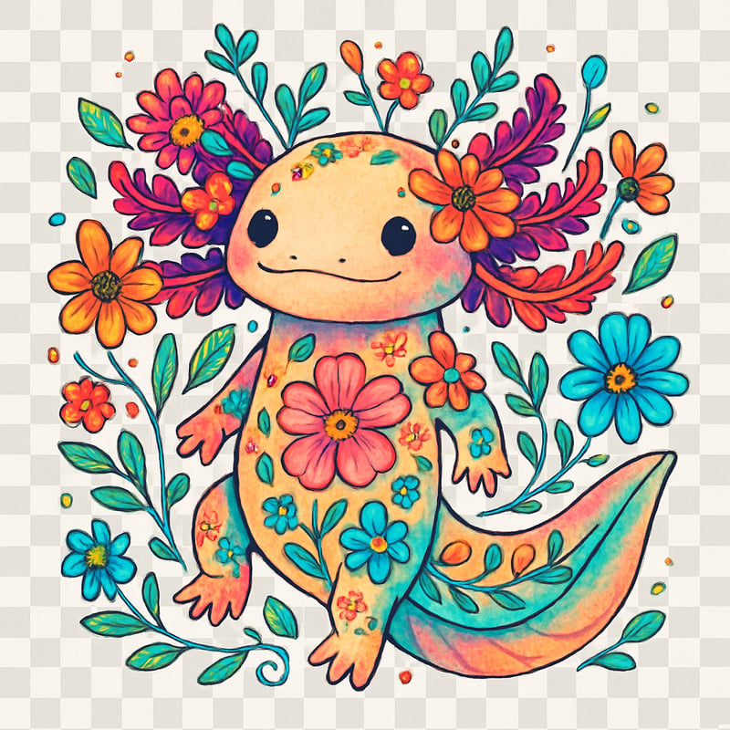 Colorful Boho Floral Axolotl
