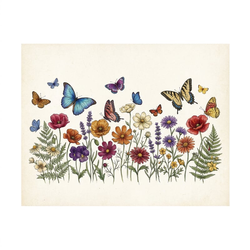 Vintage Butterfly & Wildflower Illustration
