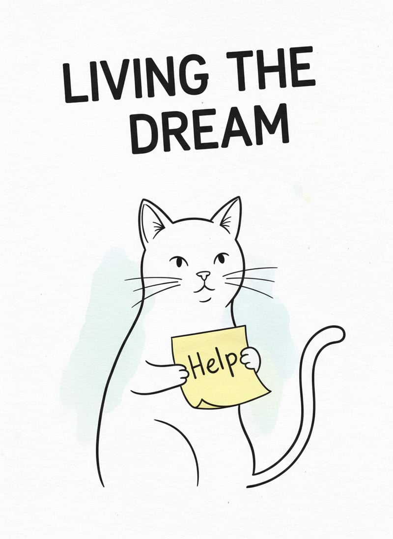 Hand-Drawn Cat with Help Note