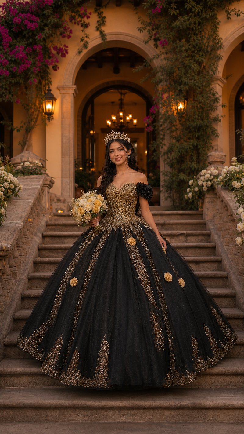 Quinceañera con tiara dorada en rancho