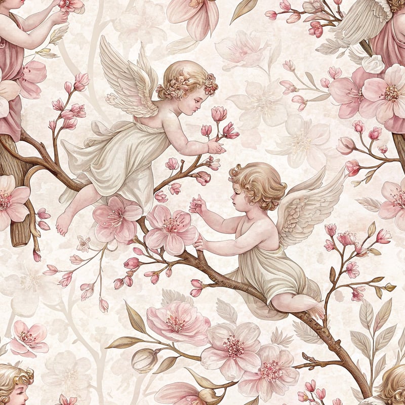 Blush Pink Floral Cherub Pattern