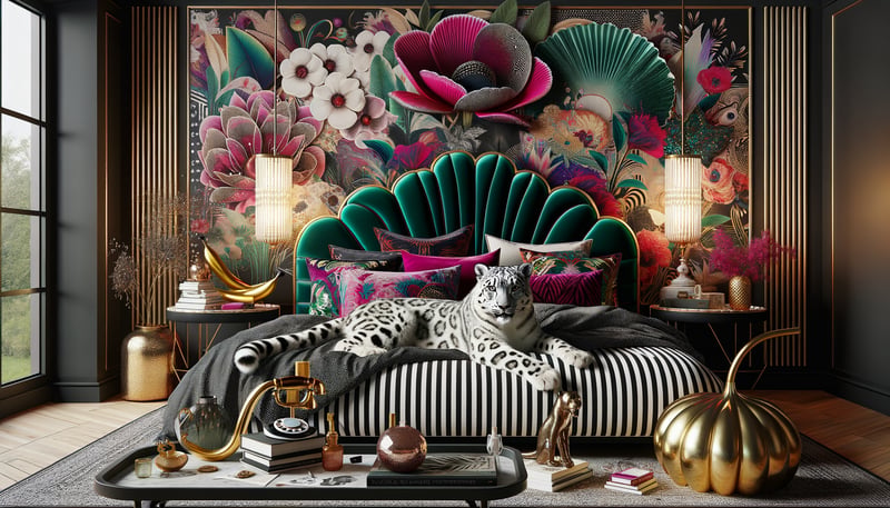 Maximalist Bedroom with Snow Leopard