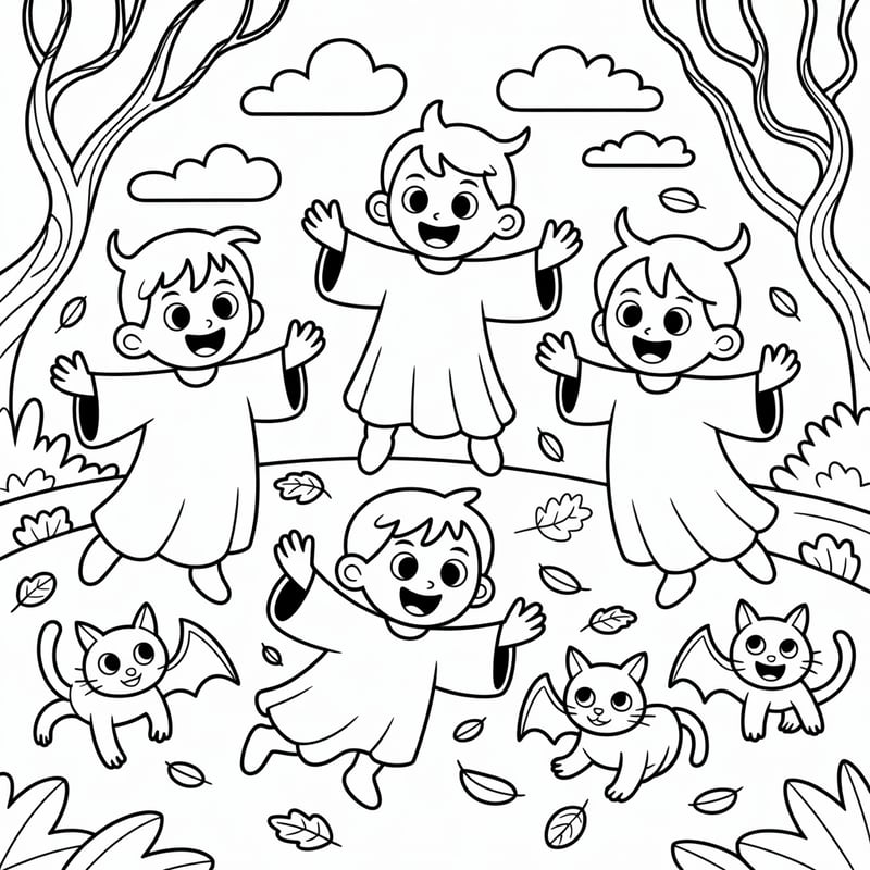 Halloween Ghost Kids with Bats & Cats