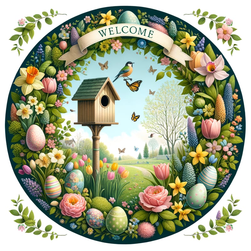 Circular Spring Scene with Wreath and Banner
