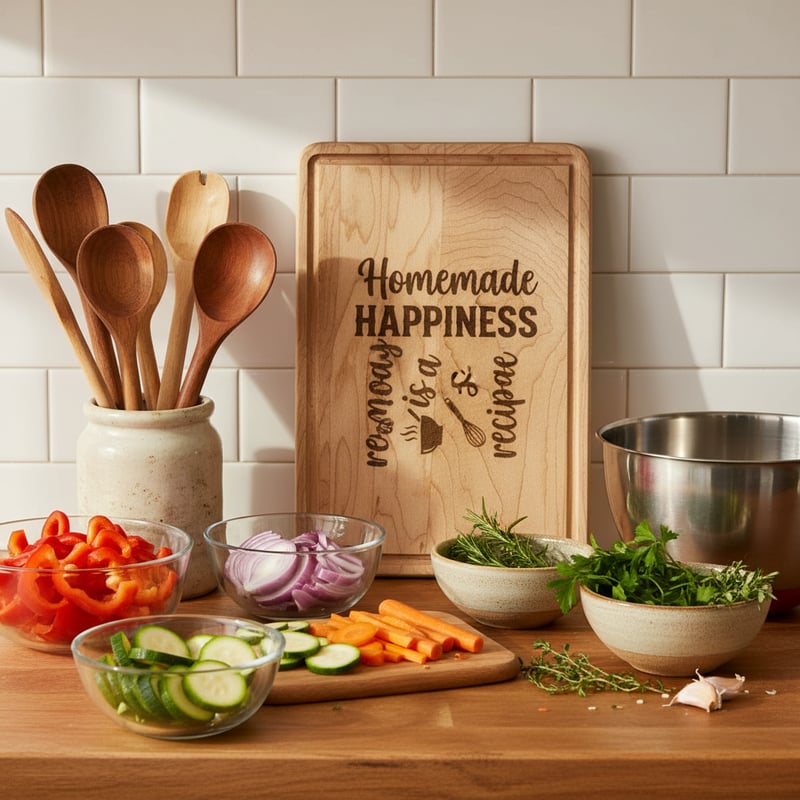 Cozy Kitchen Scene with Engraved Cutting Board